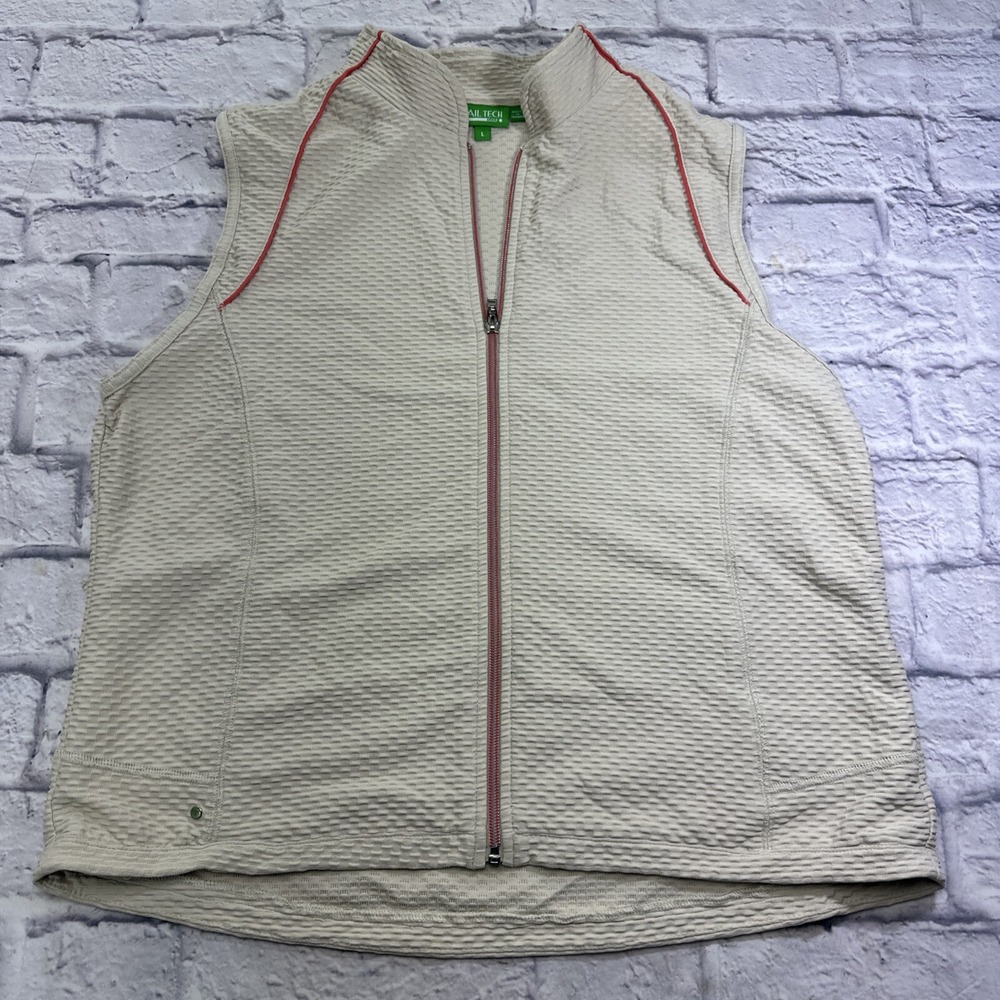Tail Tech Golf Vest Large Beige Textured Waffle Full Zip Mock Neck Red Trim